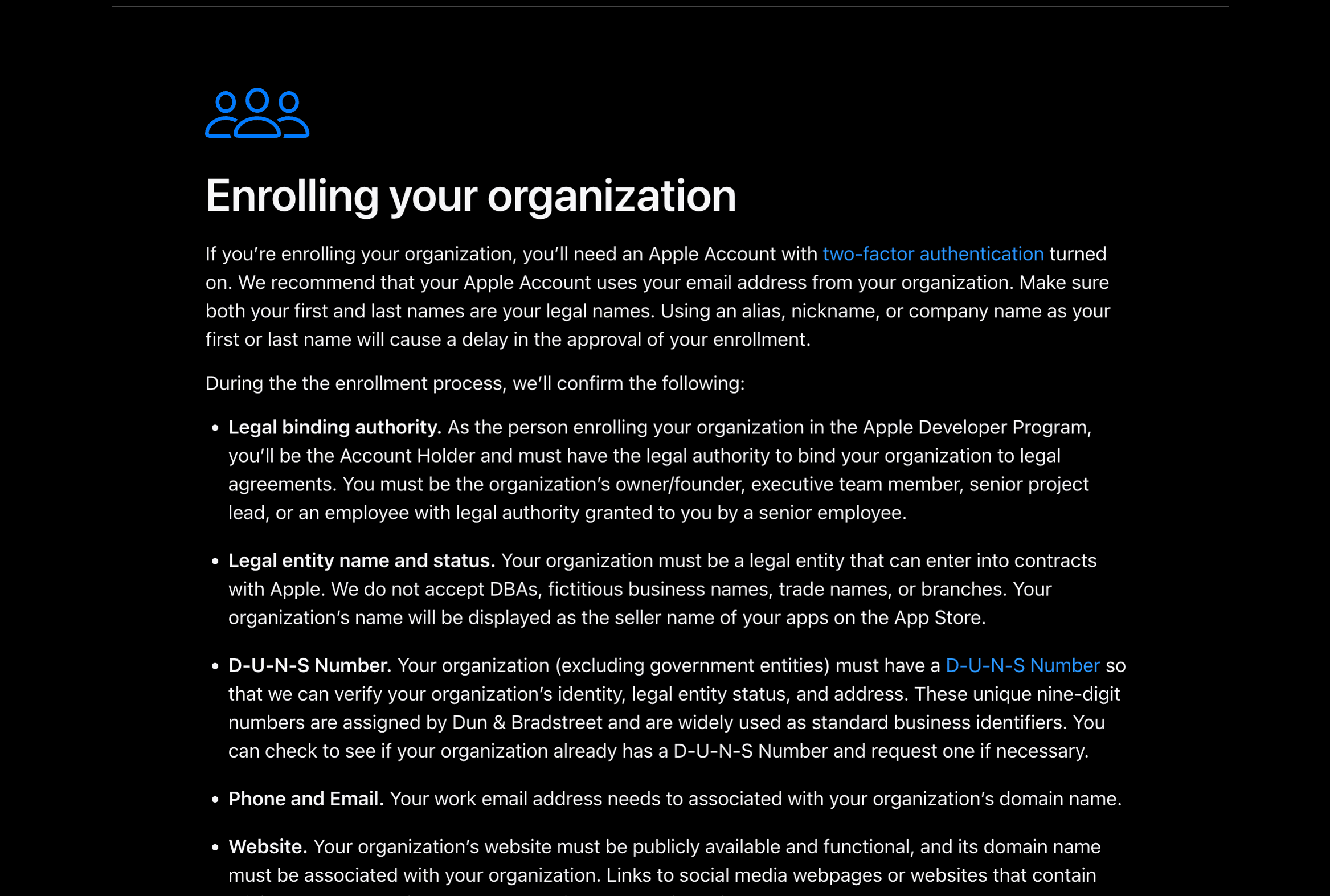Apple Developer Program page explaining organization enrollment