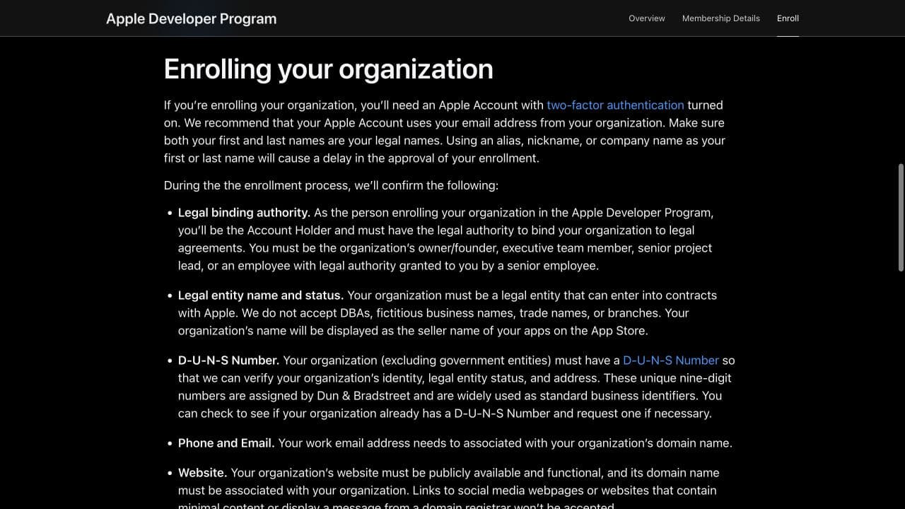 Apple Developer organization details screen requesting legal entity and D-U-N-S information