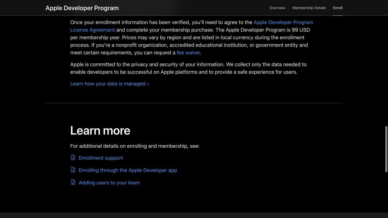 Apple Developer Program enrollment page explaining the license agreement and annual membership price