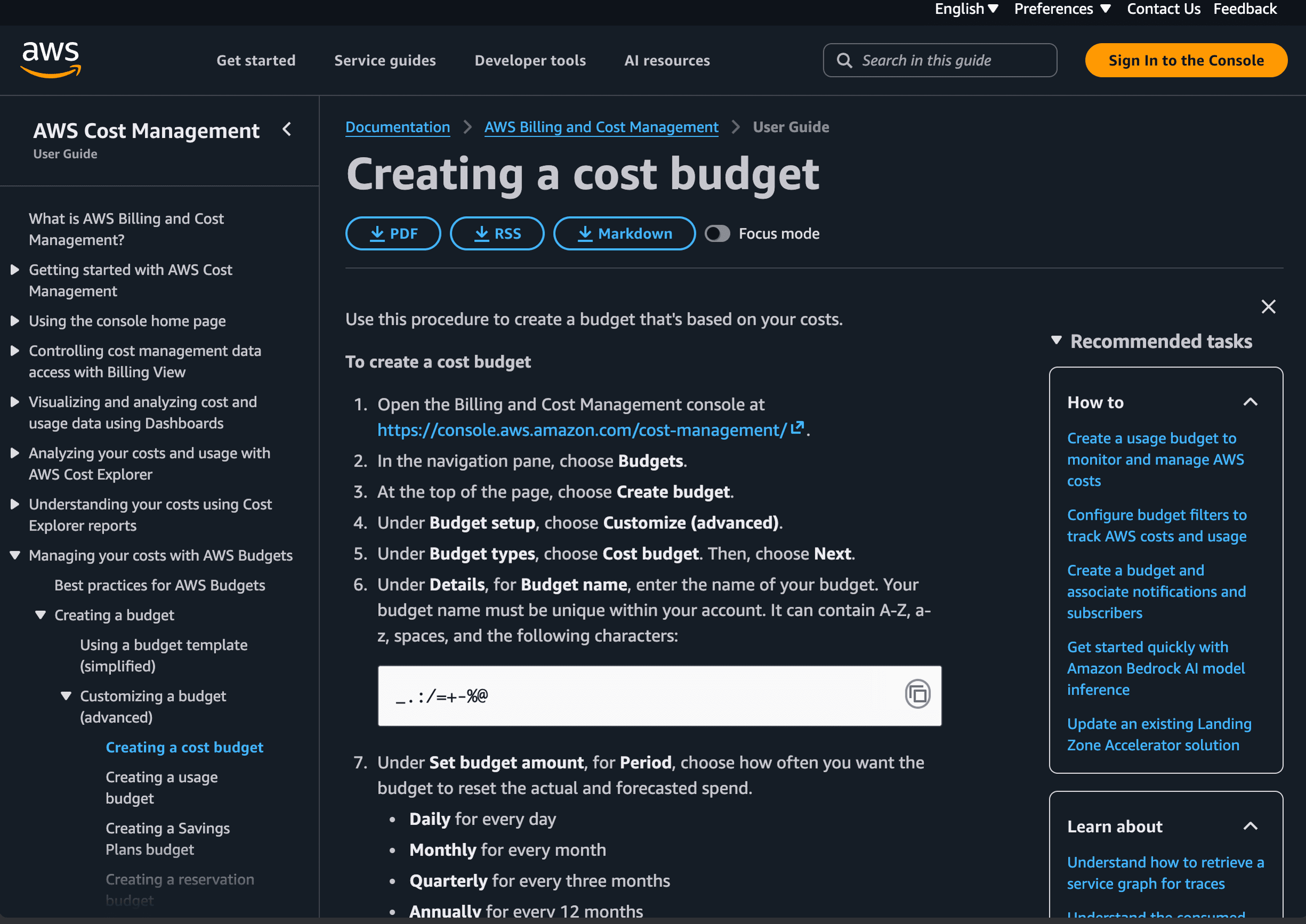Official AWS Cost Management documentation for creating a cost budget