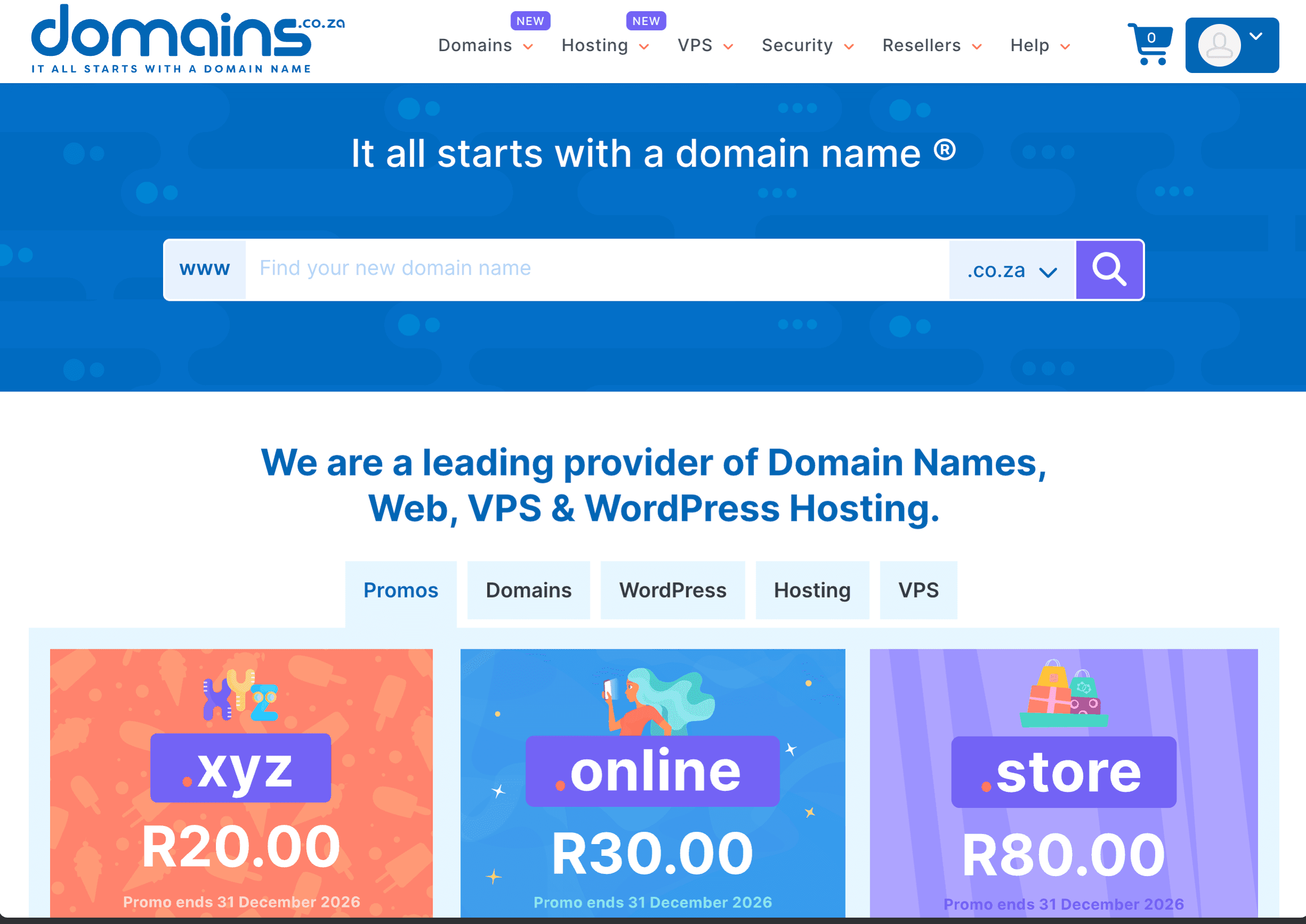 The Domains.co.za registrar homepage showing domain registration options