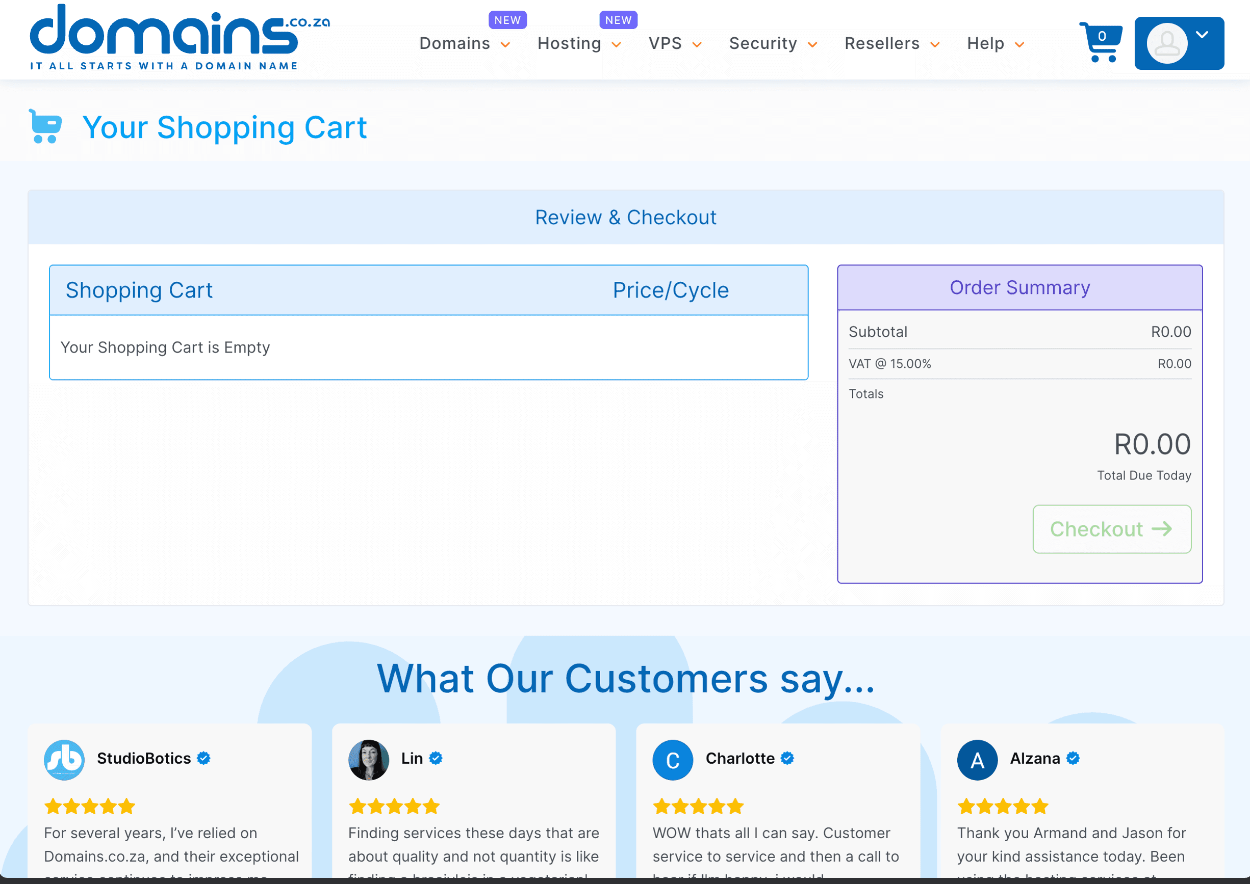 Live Domains.co.za shopping cart in its empty new-customer state