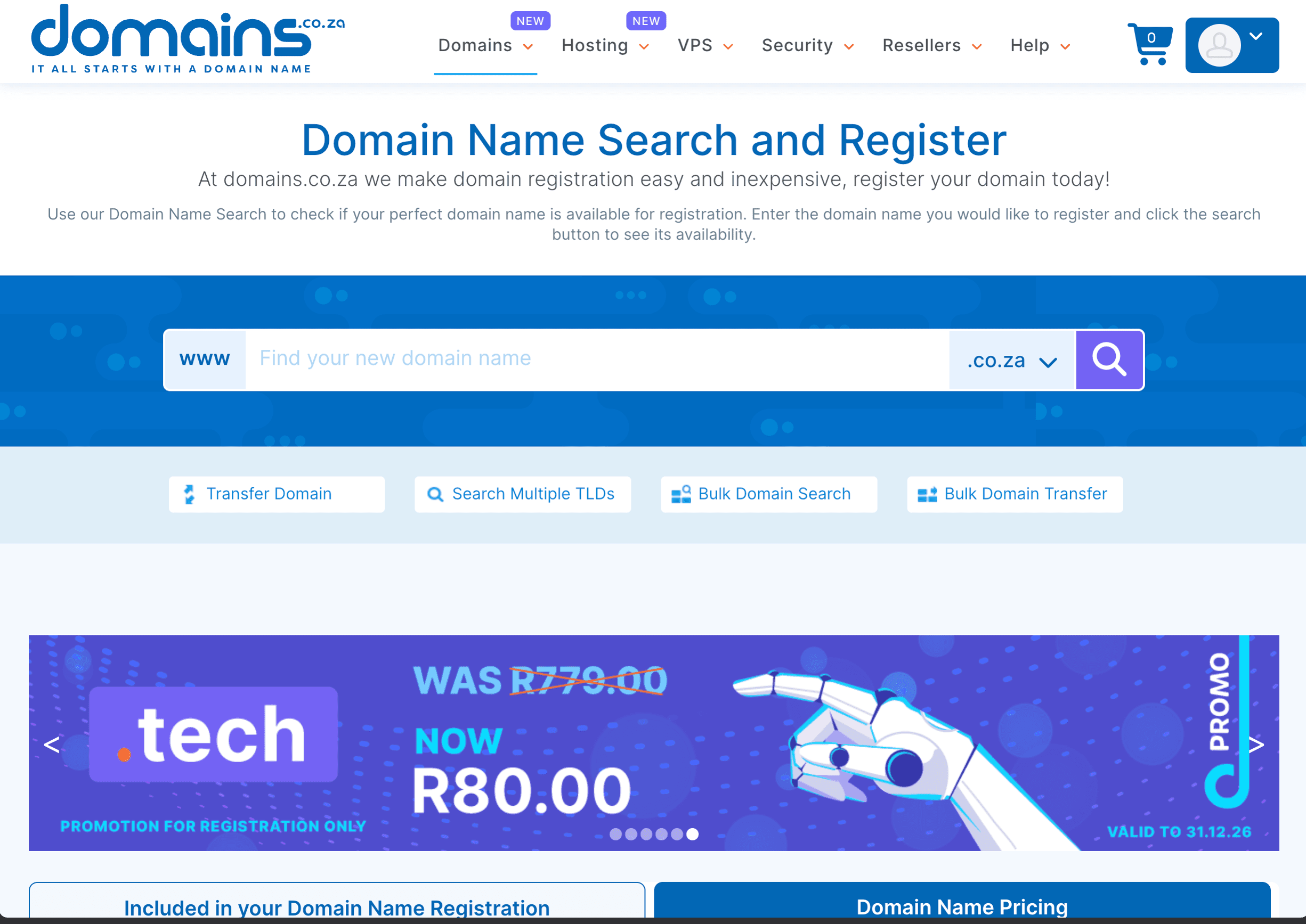 Live Domains.co.za domain search page with an empty search field