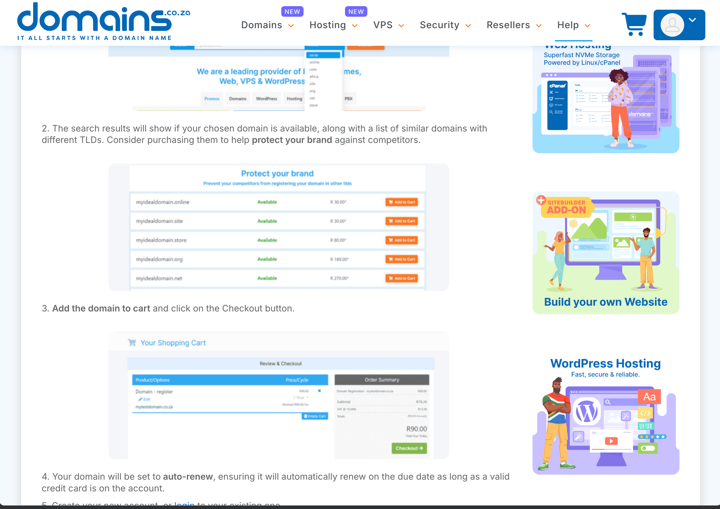 Official Domains.co.za guide showing example available extensions and prices