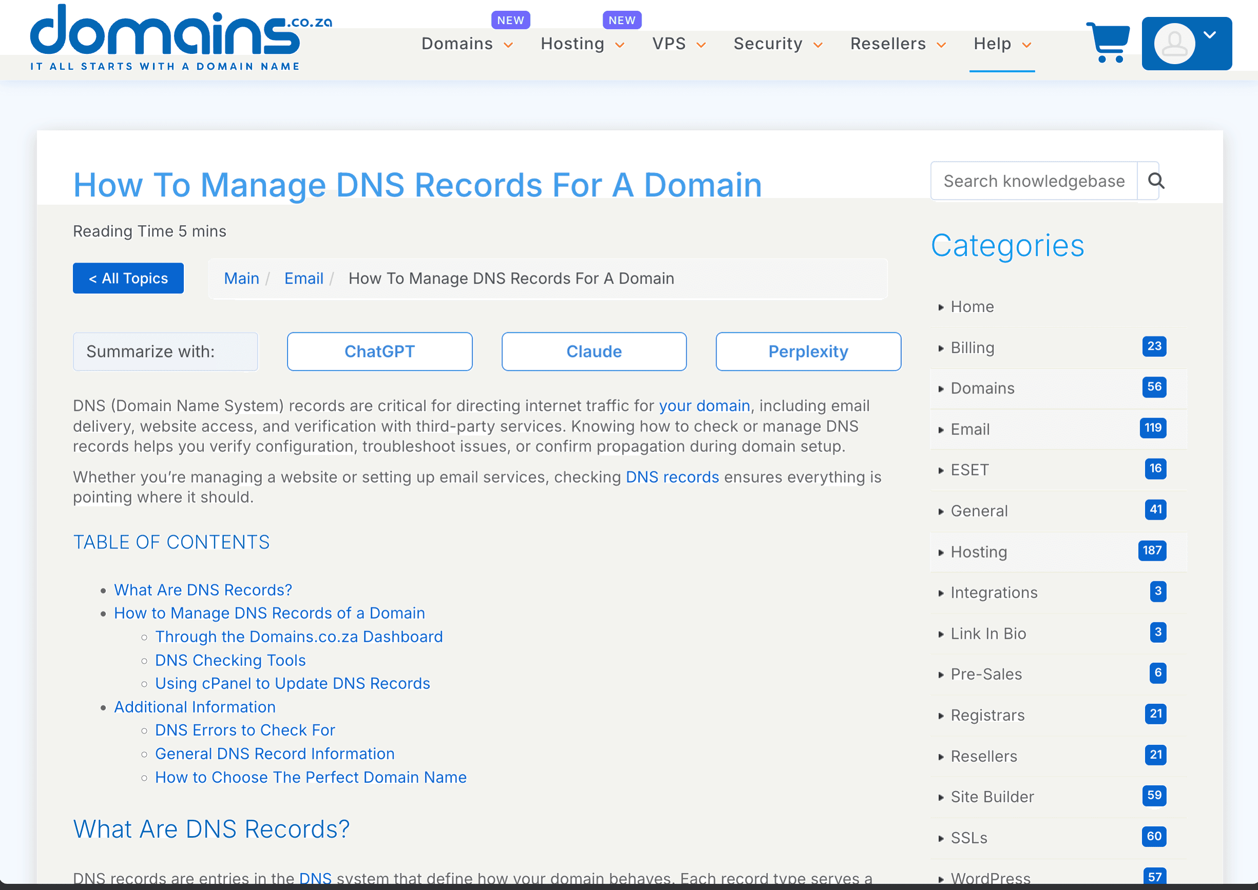 Official Domains.co.za knowledge-base guide to managing DNS records