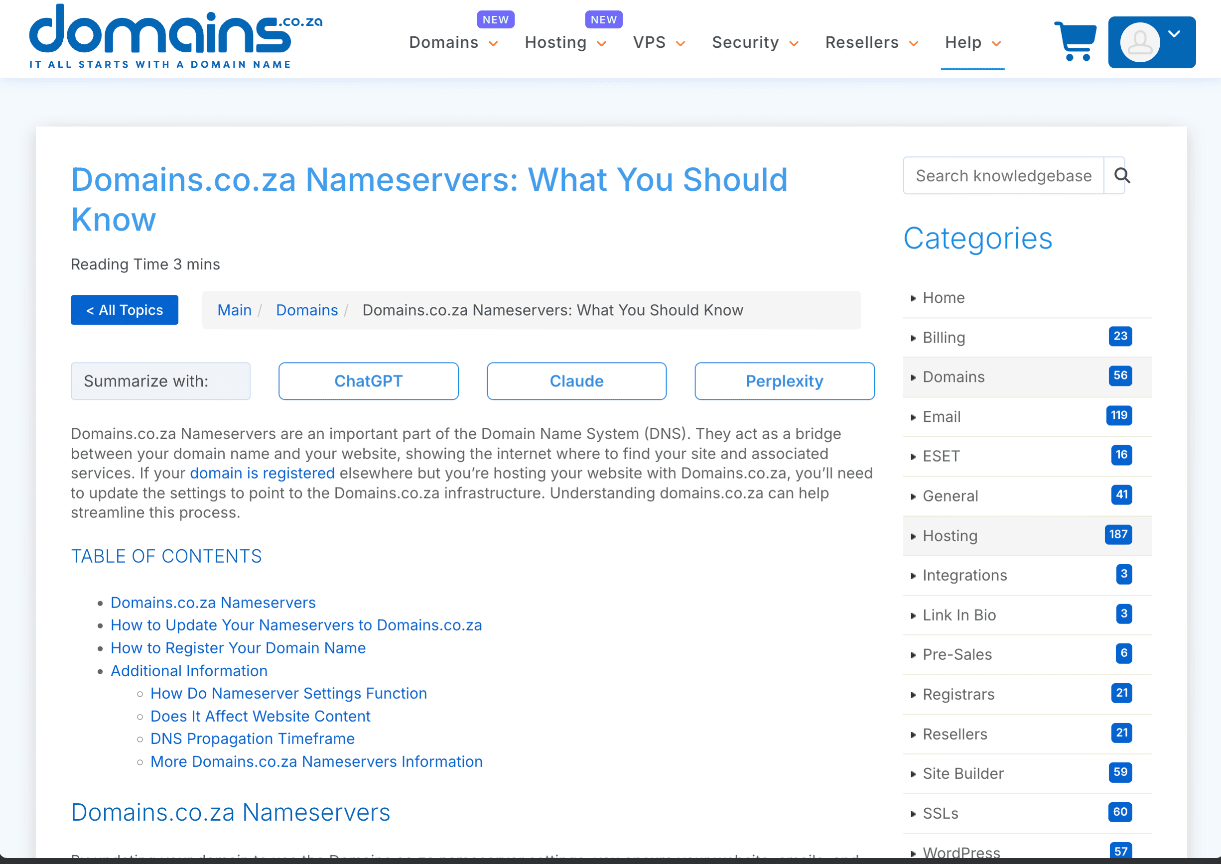 Domains.co.za knowledge-base article explaining how to update nameservers