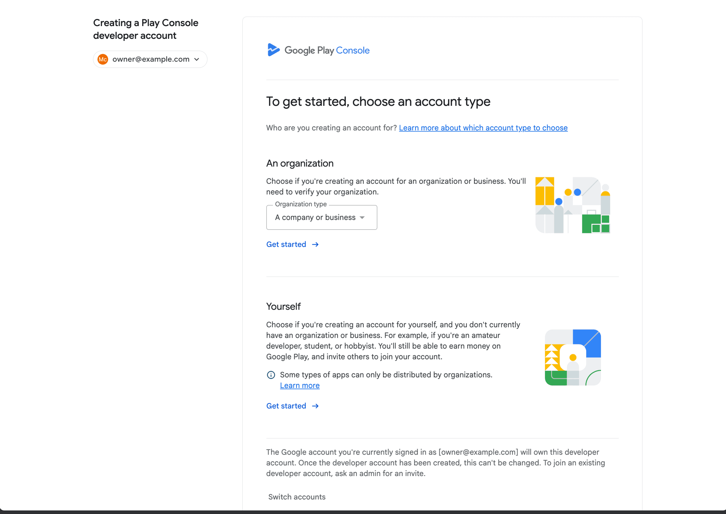 Google Play Console account type screen with Organization selected