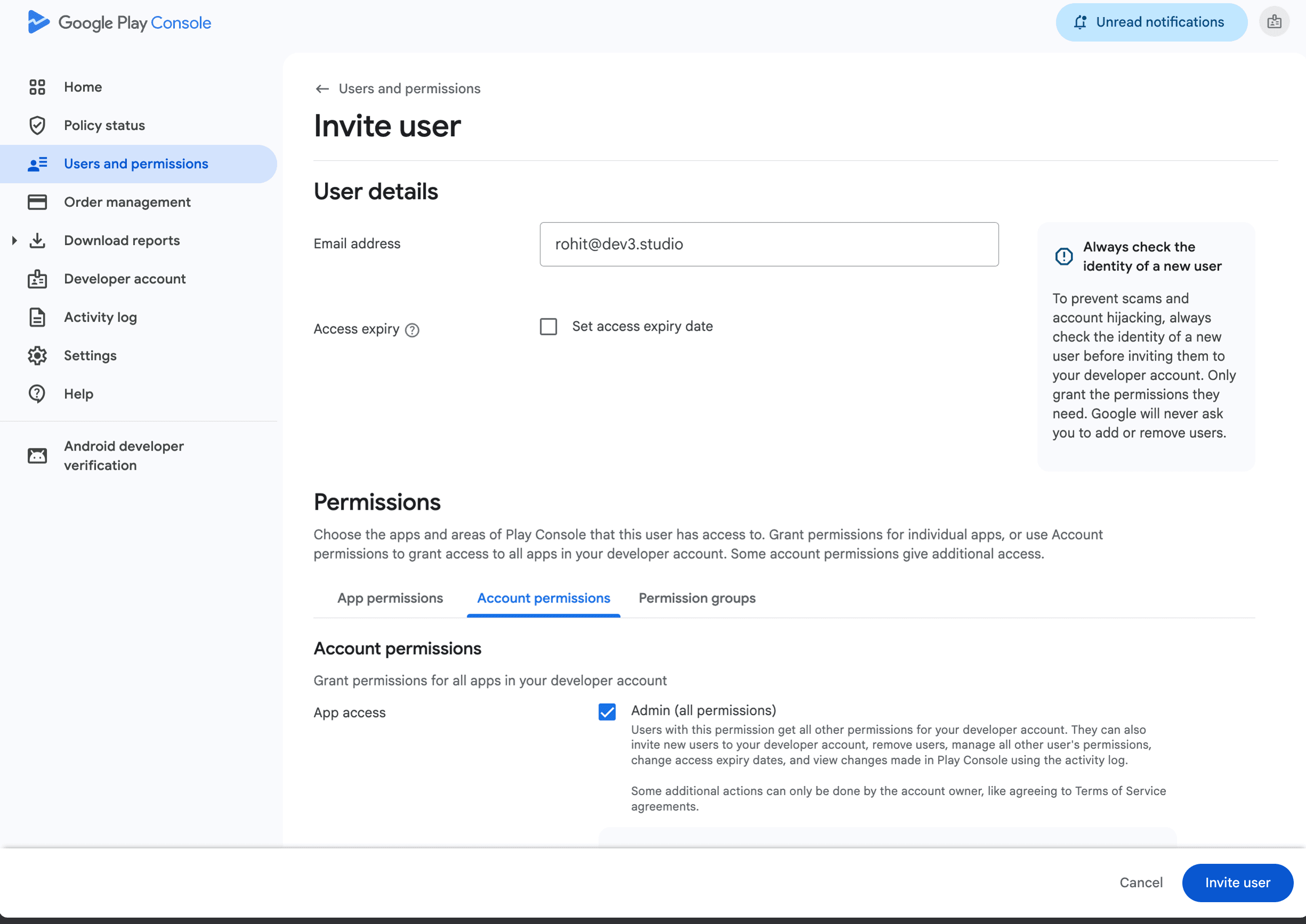 Google Play Console invitation assigning Admin all permissions to the second Dev3 Studio team member